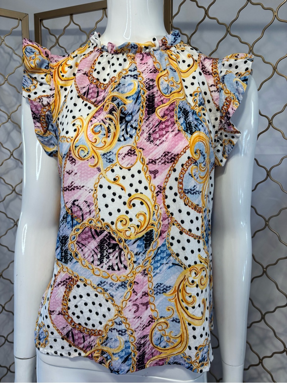 THML Anthropologie Pink Blue White Gold Scroll Print Ruffle Sleeve Blouse size S
